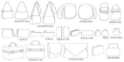 Types of bags. Baguette, crossbody, envelope, barrel, minaudiere, saddle, clutch, purse, makeup case, pencil case, phone case, duffle bag, pouch. A set of stylish bags isolated on a white background. vector