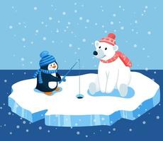 el pingüino y el oso polar capturan peces en el hielo en el mar con una caña de pescar. lindos animales en sombreros y bufandas. niños vector ilustración sobre amistad y pesca en estilo de dibujos animados.