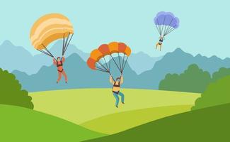 Three parachutists landing on ground. Men with parachutes on backdrop of mountain landscape. Bright vector illustration in flat cartoon style.