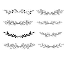 Set of sprigs with leaves. Collection of different borders with leaves on branches in outline style. Vector line art isolated on white