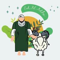 hombre musulmán con ovejas, ilustración vectorial gráfica de eid al adha. escrito a mano con flores. adecuado para tarjetas de felicitación, página de inicio vector