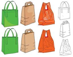 Bags for shopping. A textile bag, a paper bag and a plastic bag to choose from in color and black and white. Illustration for the background of emblems and thematic pointers. vector