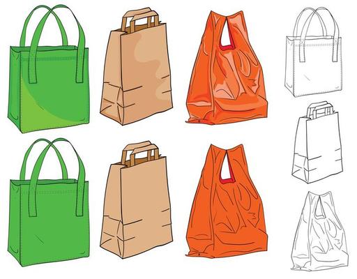 Bags for shopping. A textile bag, a paper bag and a plastic bag to choose from in color and black and white. Illustration for the background of emblems and thematic pointers.