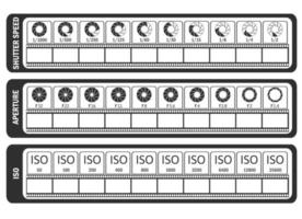 Photography manual. Camera's cheat sheet. ISO, shutter speed, aperture, frame frequency. vector