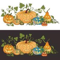 Two illustrations of pumpkins for Halloween on a white and dark background. Funny faces on different varieties of pumpkins. vector