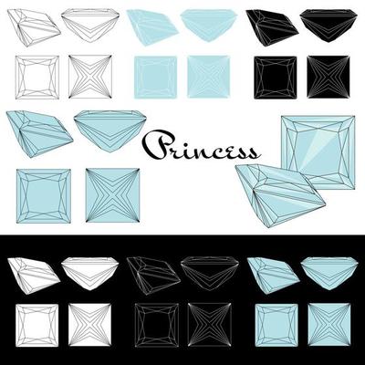 Princess cut. Cutting gems stones. Types of diamond cut. Four sides of jewelry with facets for background, carving and coloring. Black, white and color variants.