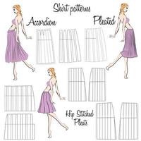 Skirt Accordion, Pleated and Hip stitched pleats patterns. A visual representation of styles of the skirts on the figure. Illustration of the design and pattern of women's skirts. Hand-drawn models. vector