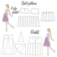 Skirt Knife pleated and Godet patterns. A visual representation of styles of the skirts on the figure. Illustration of the design and pattern of women's skirts. Hand-drawn models. vector