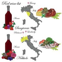 sangiovese y nebbiolo. la lista de vinos una ilustración de un vino tinto con un ejemplo de aromas, un mapa de viñedos y comida que marida con el vino. fondo para menú y cata de vinos. vector