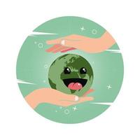 mano sosteniendo sonrisa globo tierra, salvar la tierra juntos ilustración vectorial vector