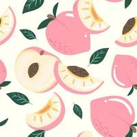 seamless pattern peach fruits and leaf on white background. Vector illustration.