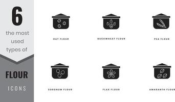 The most used types of flour icons. Flax, amaranth, oat, buckwheat, pea and sorgnum. In lineart, outline, solid, colored styles. For website design, mobile app, software vector