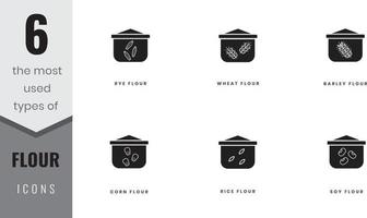 The most used types of flour solid icons. Rye, wheat, barley, soy, rice and cor. In lineart, outline, solid, colored styles. For website design, mobile app, software vector