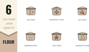 The most used types of flour icons. Flax, amaranth, oat, buckwheat, pea and sorgnum. In lineart, outline, solid, colored styles. For wesite design, mobile app, software vector
