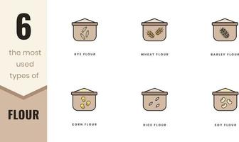 The most used types of flour icons. Rye, wheat, barley, soy, rice and cor. In lineart, outline, solid, colored styles. For wesite design, mobile app, software vector