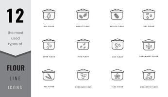 The most used types of flour line icons. Rye, wheat, barley, soy, rice and corn, flax, amaranth, oat, buckwheat, pea and sorgnum. In outline style. For website design, mobile app, software vector