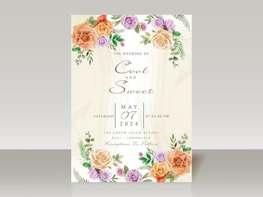 Beautiful floral watercolor wedding invitation card