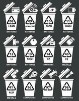 Recycling codes for batteries, metal, composites. Recycling bins illustration with batteries, TV Remote, phone, lithium battery, flashlight, jar. Recycled trash cans with examples and numbers. vector