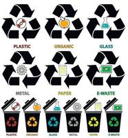 Trash can icons with different colors types of garbage Organic, Plastic, Metal, Paper, Glass, E-waste in flat style isolated on white background. vector