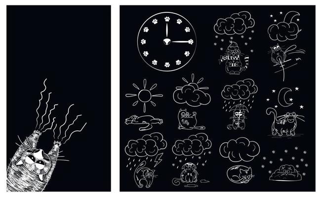Cat on a black background. Theme for smartphone. Background for the main screen, a watch dial with paw prints and weather icons made in the mood of a cats. Cat weather. Vector illustration.