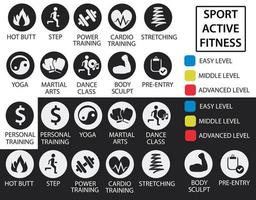 íconos de fitness con niveles de entrenamiento y dificultad para programar en clubes deportivos y de fitness. también para usar al desarrollar sitios web y folletos. conjunto de iconos deportivos. vector