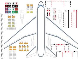 plano. ilustración de piezas de avión para el montaje de la cabina. un conjunto universal de fragmentos de aviones que se pueden utilizar como base para elaborar un plan de evacuación para un avión. vector