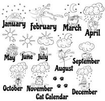 Cat calendar. Funny cat drawn by hand at different times of the year. Illustration of weather and seasons. The reaction of the cat to the weather. vector