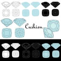 Cushion cut. Cutting gems stones. Types of diamond cut. Four sides of jewelry with facets for background, carving and coloring. Black, white and color variants. vector