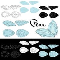 Pear cut. Cutting gems stones. Types of diamond cut. Four sides of jewelry with facets for background, carving and coloring. Black, white and color variants. vector