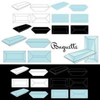 Baguette cut. Cutting gems stones. Types of diamond cut. Four sides of jewelry with facets for background, carving and coloring. Black, white and color variants. vector