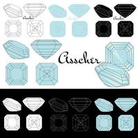 Asscher cut. Cutting gems stones. Types of diamond cut. Four sides of jewelry with facets for background, carving and coloring. Black, white and color variants. vector