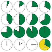 Working time. Hourly intervals that represent time in five minute intervals. Time slots to define the working day, designate the operating time of the devices or training programs. vector