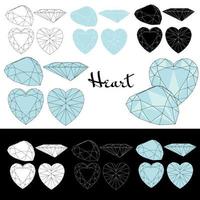 Heart cut. Cutting gems stones. Types of diamond cut. Four sides of jewelry with facets for background, carving and coloring. Black, white and color variants. vector