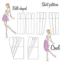 Skirt Bell and Cowl based patterns. A visual representation of styles of the skirts on the figure. Illustration of the design and pattern of women's skirts. Hand-drawn models. vector