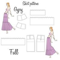 Skirt Gypsy and Full patterns. A visual representation of styles of the skirts on the figure. Illustration of the design and pattern of women's skirts. Hand-drawn models. vector