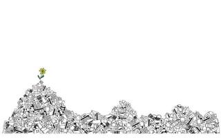 Flower on a heap of rubbish. Symbolic background of environmental protection. Illustration on the topic of ecology and environmental protection. Garbage and non-recyclable waste. vector