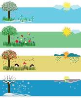 Four seasons. Spring, Summer, Fall, Winter. Set of vector illustrations for calendars and postcards with elements.