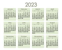 plantilla de calendario para el año 2023 en estilo minimalista simple, formas cuadradas de color verde claro abstractas en el fondo, la semana comienza el domingo, página vectorial imprimible vector
