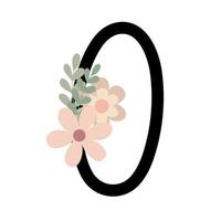 Number zero decorated with flowers, floral monogram vector illustration in simple boho style, flat pastel colored decorative lettering collection