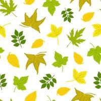 hojas de otoño de patrones sin fisuras, ilustración de estilo plano de concepto minimalista vectorial simple, adorno floral natural dibujado a mano multicolor para invitaciones, textil, papel de regalo, decoración de vacaciones de otoño vector