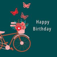 bicicleta con mariposa y una cesta llena de flores. tarjeta de cumpleaños romántica vector