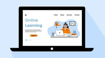 Online learning page on your laptop screen. Distance learning. Girl studying with computer. Vector illustration