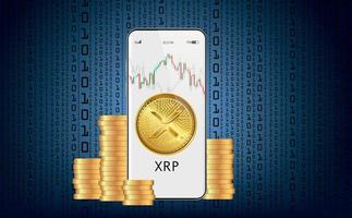 Trade Ripple, XRP, cryptocurrency, on your mobile phone through the Cryptocurrency system. Growth chart on binary code background. vector