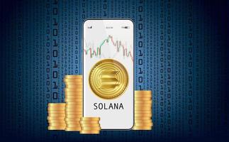 Trade Solana cryptocurrency, SOL, on your mobile phone through the Cryptocurrency system. Growth chart on binary code background. Vector illustration