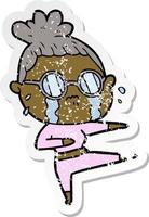 distressed sticker of a cartoon crying woman wearing spectacles vector