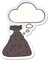 cartoon old hessian sack and thought bubble as a printed sticker vector