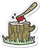 sticker of a cartoon axe in tree stump vector