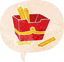 caricatura, caja, de, papas fritas, y, burbuja del discurso, en, retro, textura, estilo vector