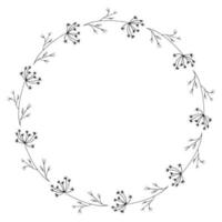 Round Wreath of Plant Elements Drawn With a Line. vector