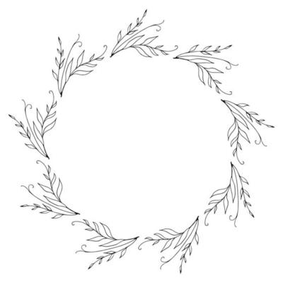 Round Frame Made of Line Drawn Plant Elements.